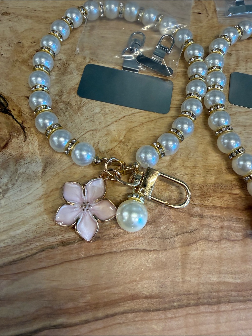 Pearl Beaded Wristlet Phone Charm with Flower Pendant - Pink, White, Black - Picture 2 of 4